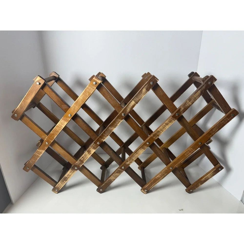 Rustic Wooden Accordion Wine Rack 10 Bottle Foldable Countertop Display Brown